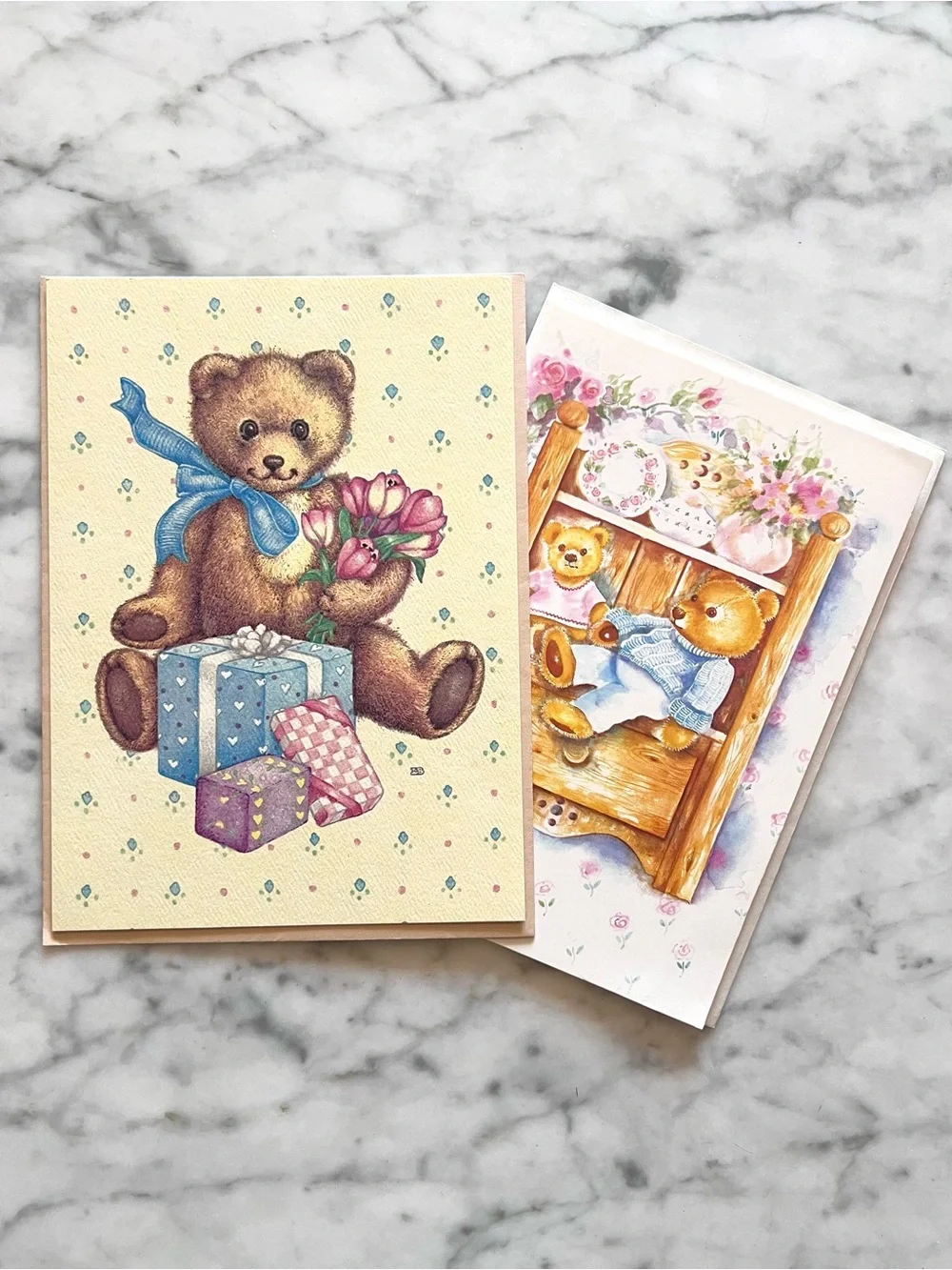 Vintage Happy Birthday Cards Cottagecore Teddy Bears (Set of 2)